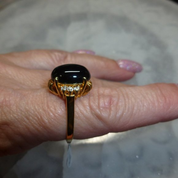 18k Yellow Gold EP Onyx Cubic Zirconia Dolphin Ore Ring - Picture 5 of 13